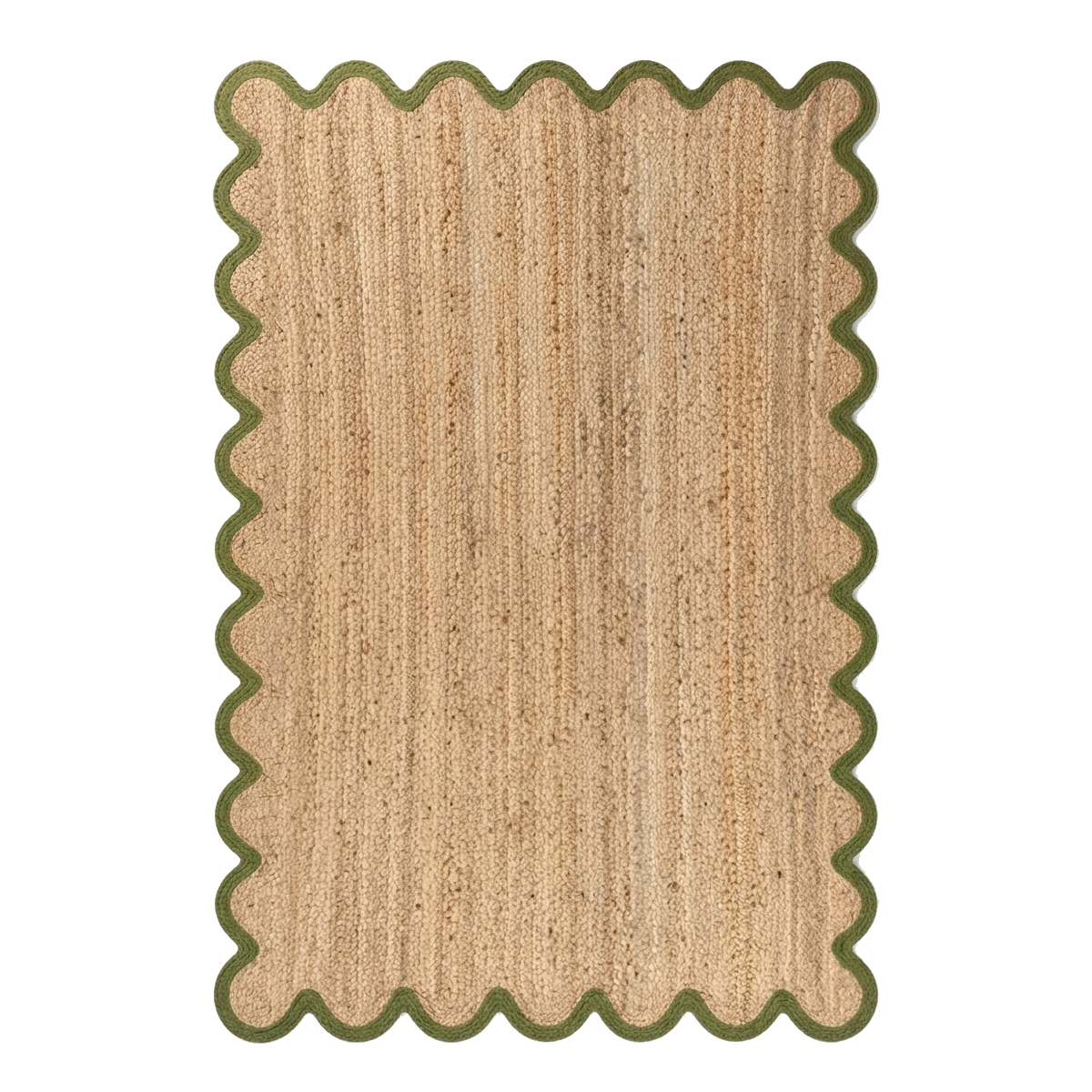 Natural Woven Jute Rug with Olive Green Scalloped Edge