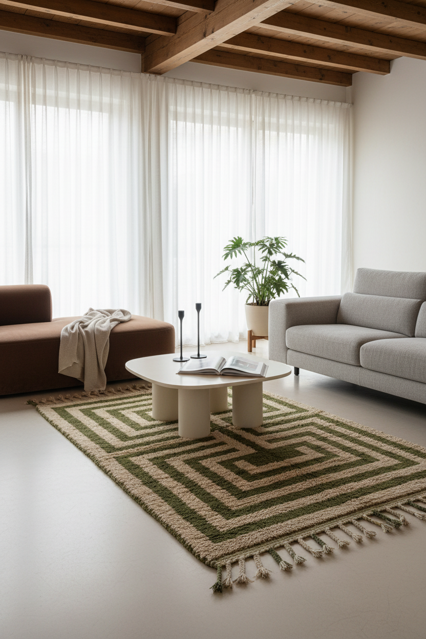 Beige Moroccan Shag Rug with Olive Green Maze Pattern