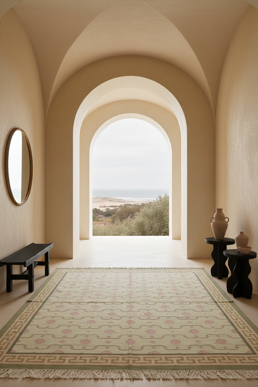 A large rectangular area rug with a geometric pattern and fringe, styled in a Mediterranean-style room with arched doorways, a bench, and side tables.