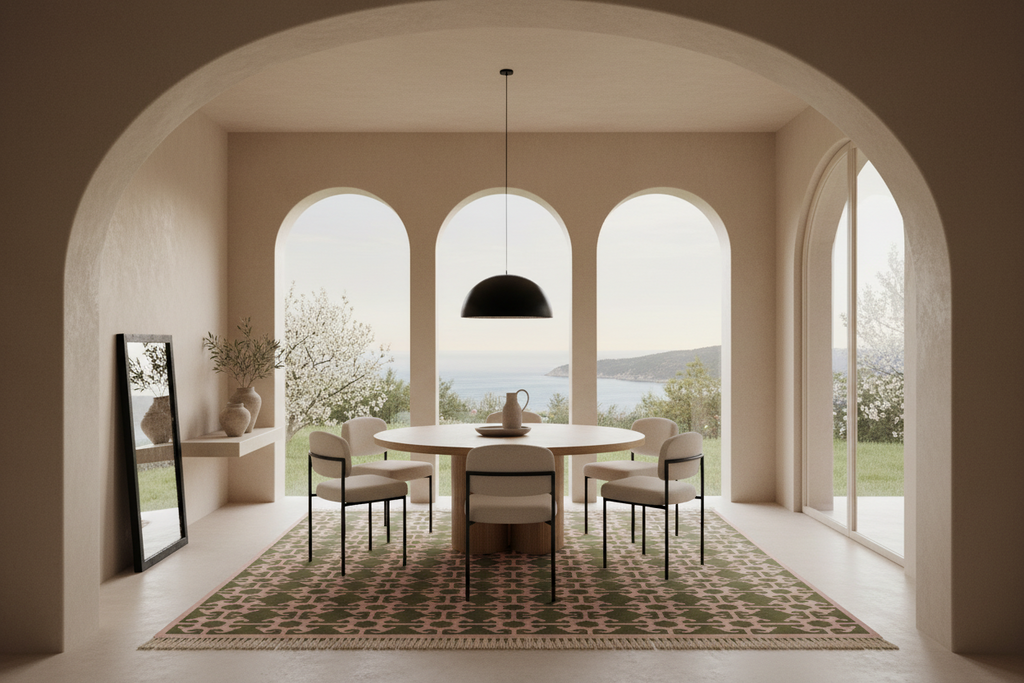 A modern dining room with a round light wood table, four upholstered chairs, a black pendant light, and a patterned rug, set within a large arched interior opening onto a coastal landscape.