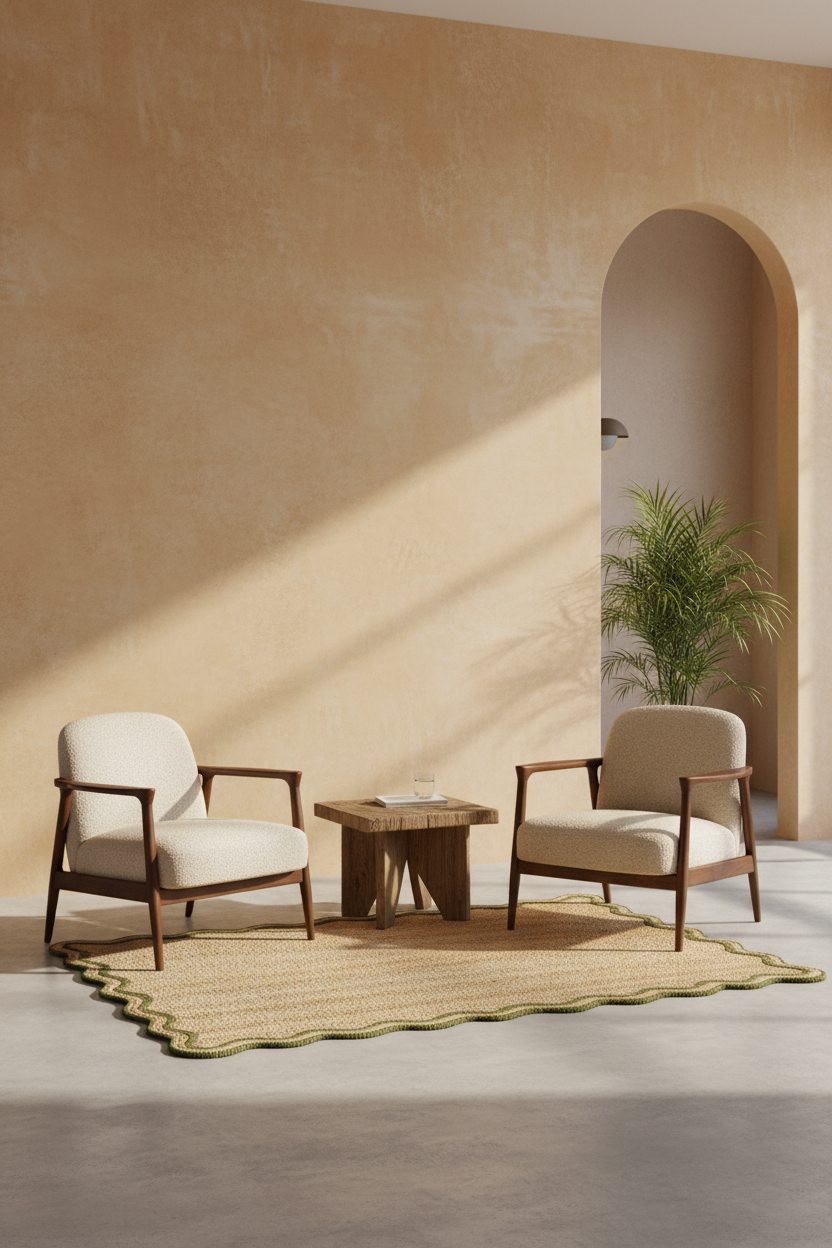 Two cream upholstered armchairs with dark wood frames arranged around a small wooden side table on a woven beige rug, set in a warm neutral-toned room with an arched doorway and potted plant.