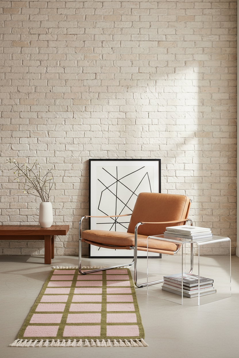 A modern living room scene featuring a tan leather armchair with chrome piping, set against a white brick wall. A pink and olive green checkered rug is on the floor in front of the chair, and a black-framed abstract art print leans against the wall behind it.