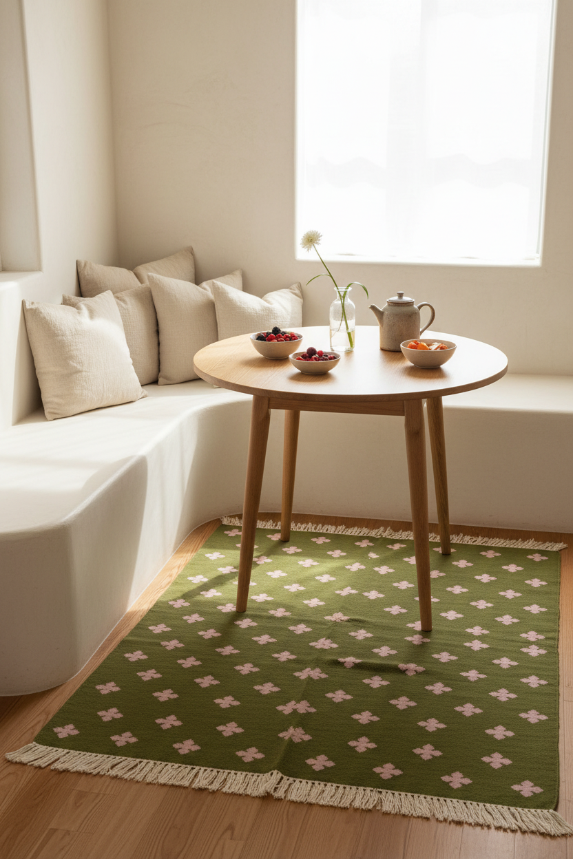 Olive Green Cotton Flat Weave Rug with Cream Cross Motifs