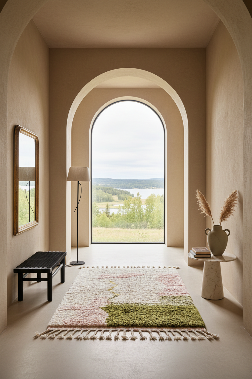 Cream Pink and Olive Abstract Color Block Moroccan Shag Rug