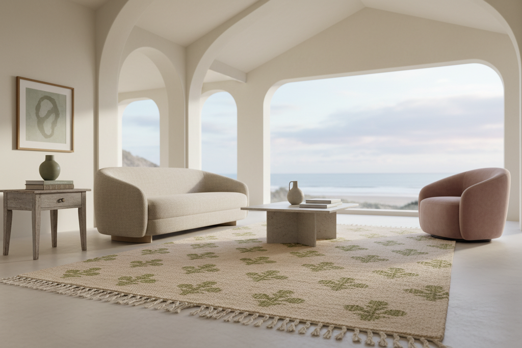 A styled interior room with a cream curved sofa, a dusty pink armchair, a low concrete coffee table, and a patterned beige rug with fringe, set in front of large arched windows overlooking the sea.