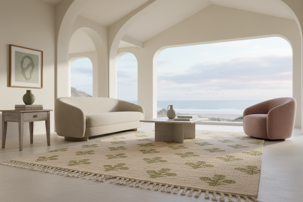 A styled interior room with a cream curved sofa, a dusty pink armchair, a low concrete coffee table, and a patterned beige rug with fringe, set in front of large arched windows overlooking the sea.