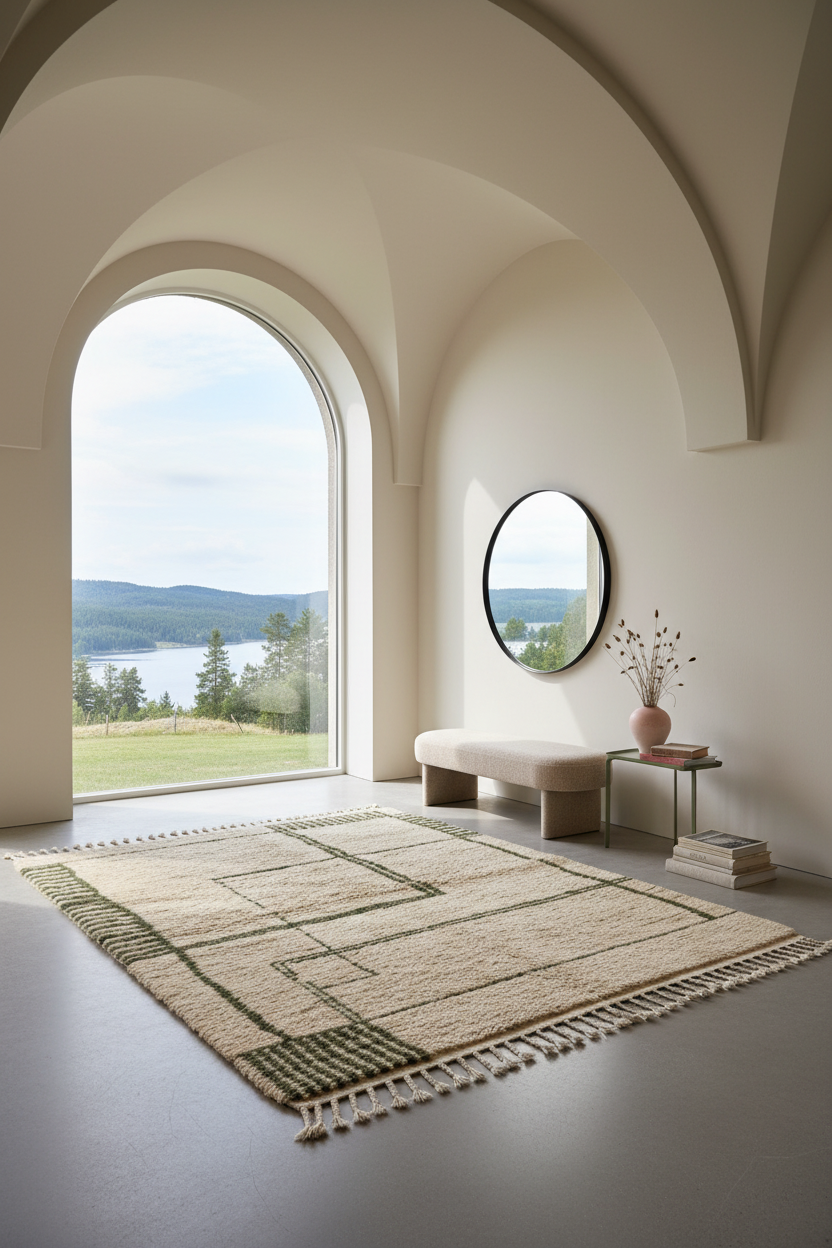 A rectangular woven area rug with fringe and geometric patterns in beige, cream, and muted green, styled in a modern minimalist room with an arched window overlooking a lake.