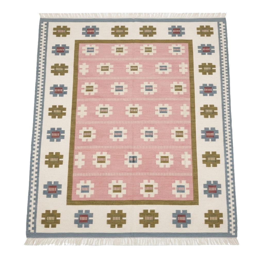 Pink Scandinavian Folk Cotton Flat Weave Rug with Cream Florals