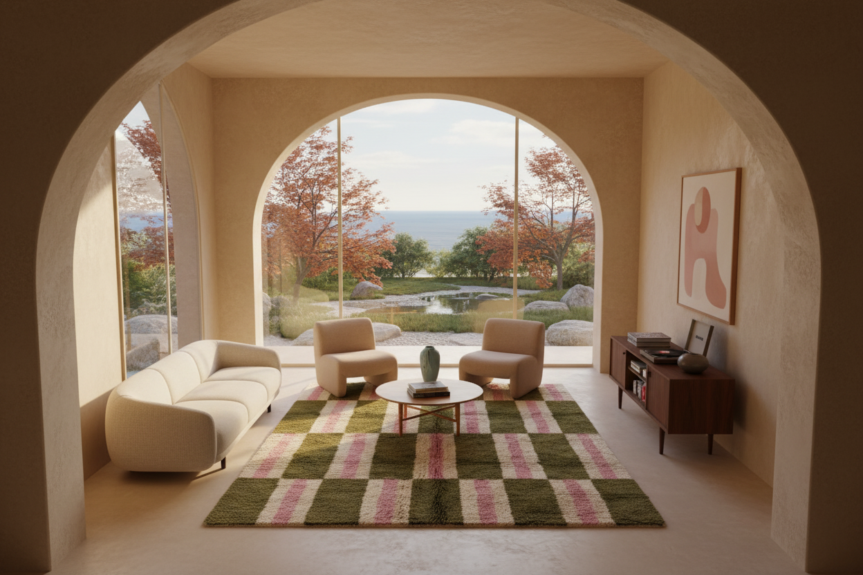 A modern living room interior with a large arched window overlooking a garden and ocean view. The room features a cream curved sofa, two beige armchairs, a round coffee table, a green and pink striped area rug, and a dark wood sideboard with wall art.