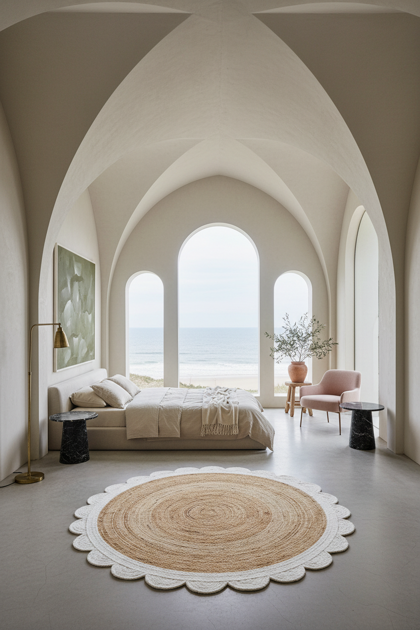 Natural Round Braided Jute Rug with White Scalloped Border