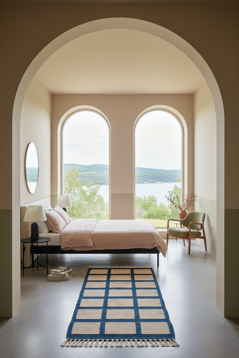 A modern bedroom interior framed by a large arched doorway, featuring a bed with blush pink bedding, a blue and beige geometric runner rug, a green armchair, and two tall arched windows overlooking a lake landscape.