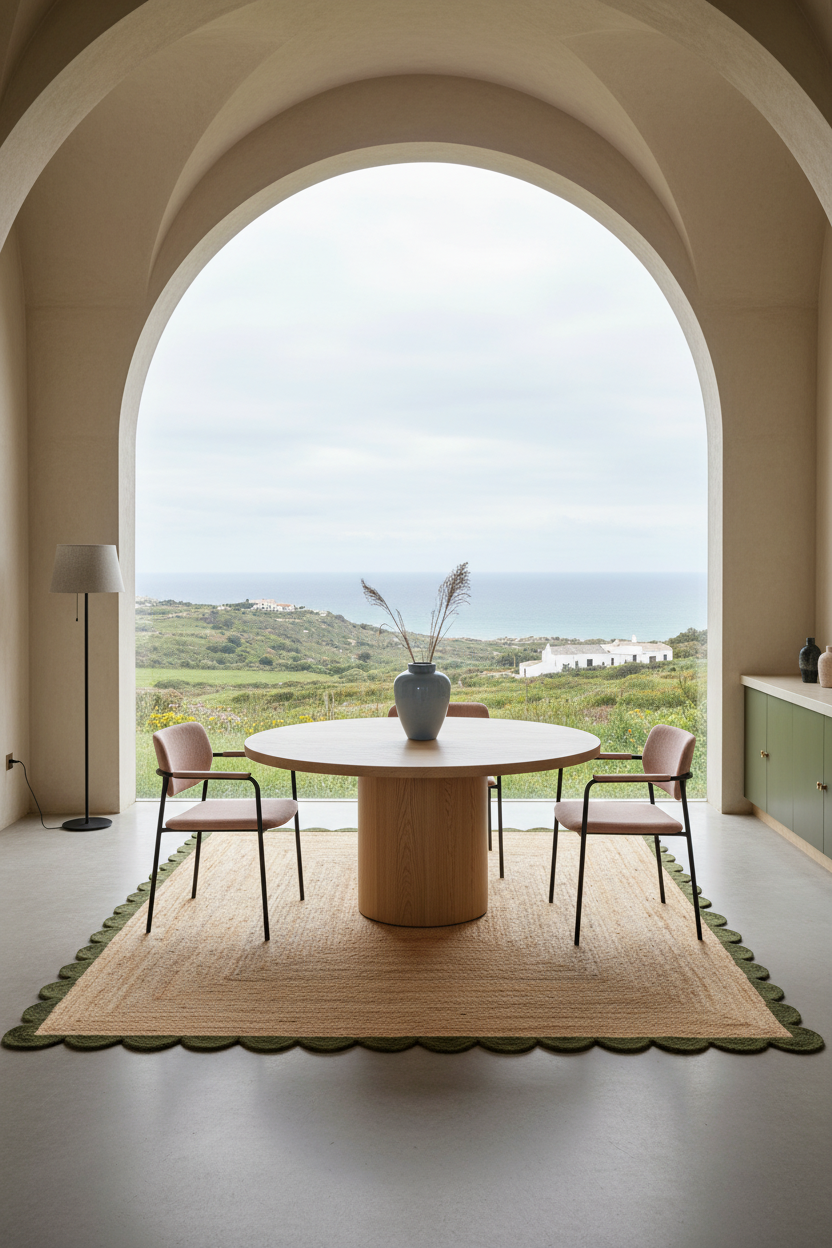 A round wooden dining table with four blush pink chairs arranged on a woven beige rug with a scalloped green border, set inside an arched room with a large window overlooking a green coastal landscape.