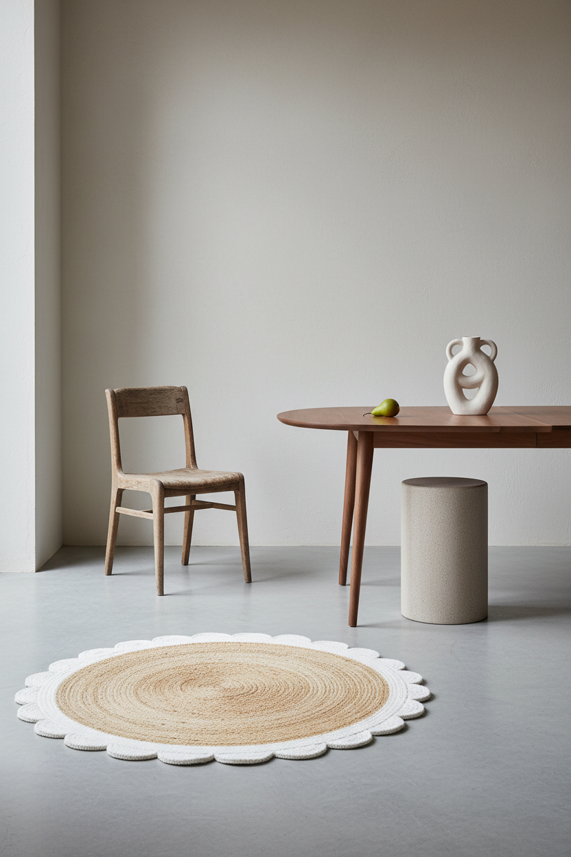 A round woven jute rug with a white scalloped edge, styled in a minimalist room alongside a wooden chair, a wooden table, and a small white ceramic object.