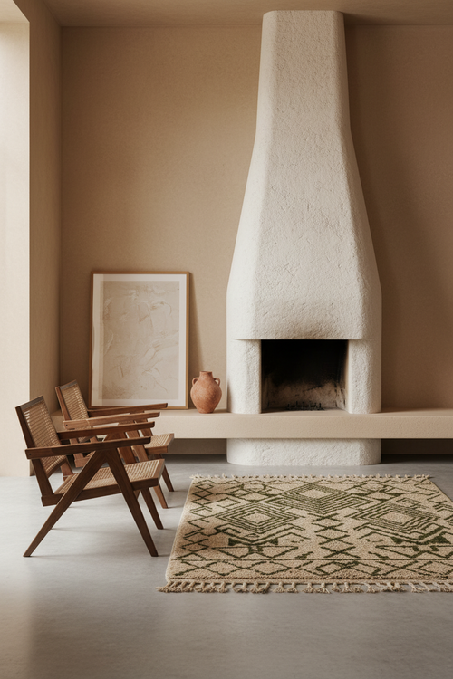 Beige Moroccan Shag Rug with Black Tribal Diamond Pattern