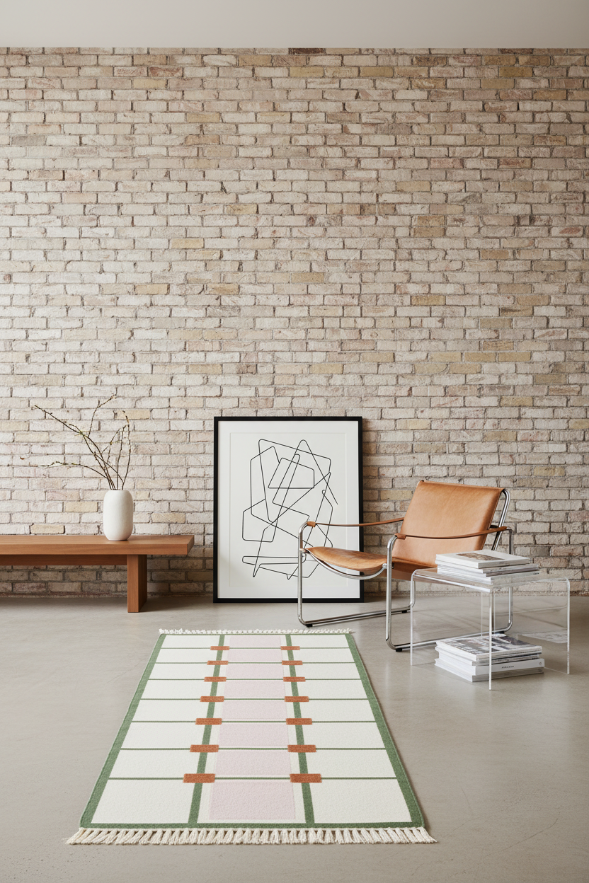 A rectangular area rug with a white base, green border, and tan geometric stripe pattern is styled in a modern living room with a brick wall, leather chair, and side table.