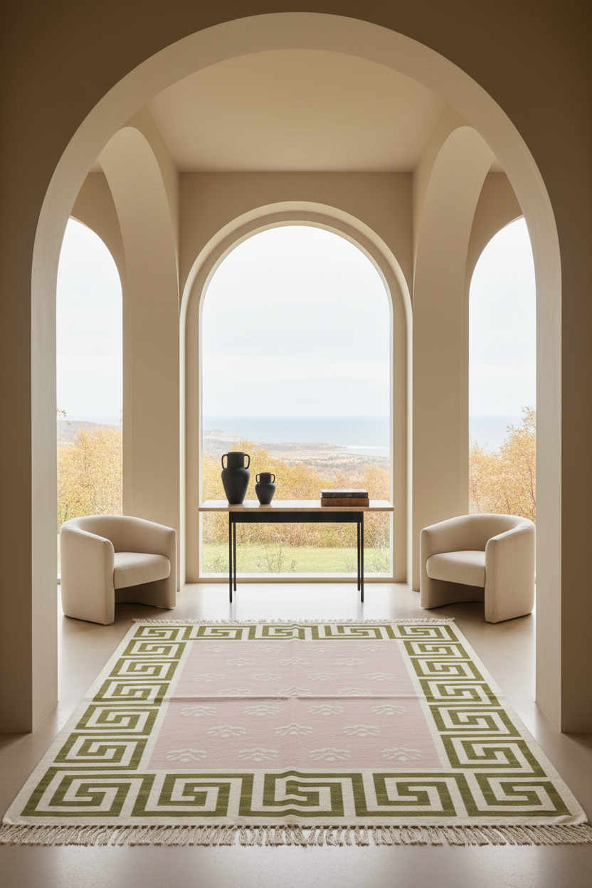 A large rectangular area rug with a green Greek key border and pale pink center, styled in a modern interior setting with two cream armchairs and a small table under a large arched window.