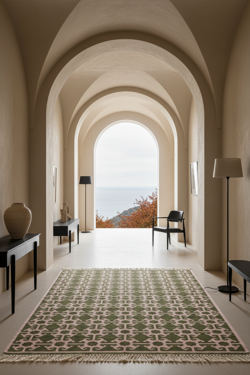 A rectangular area rug with a green and beige geometric trellis pattern and fringe, displayed in a modern, elegant hallway with arched ceilings and an outdoor view.