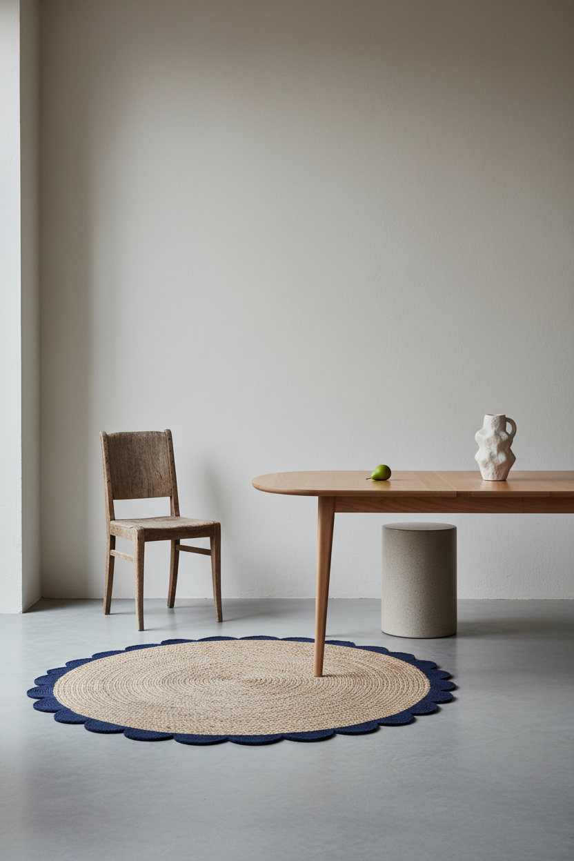 A styled interior scene with a round natural-fiber rug featuring a dark blue scalloped edge, a wooden dining table, a woven chair, and a small white sculptural vase on a light gray floor against a beige wall.