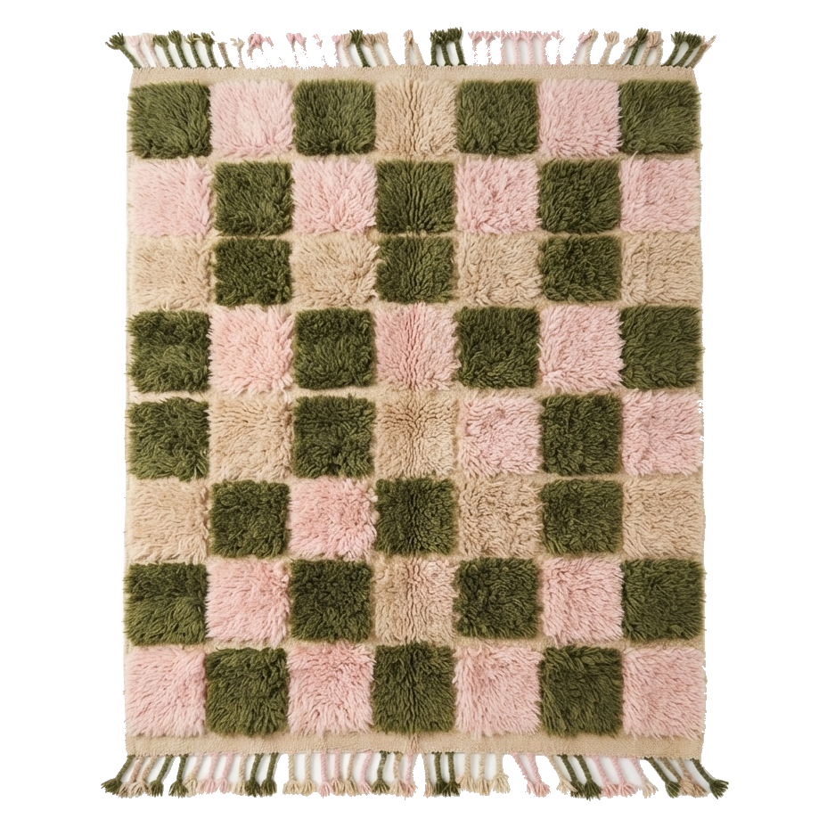 Olive Green and Pink Checkered Patchwork Moroccan Shag Rug