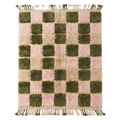 Olive Green and Pink Checkered Patchwork Moroccan Shag Rug