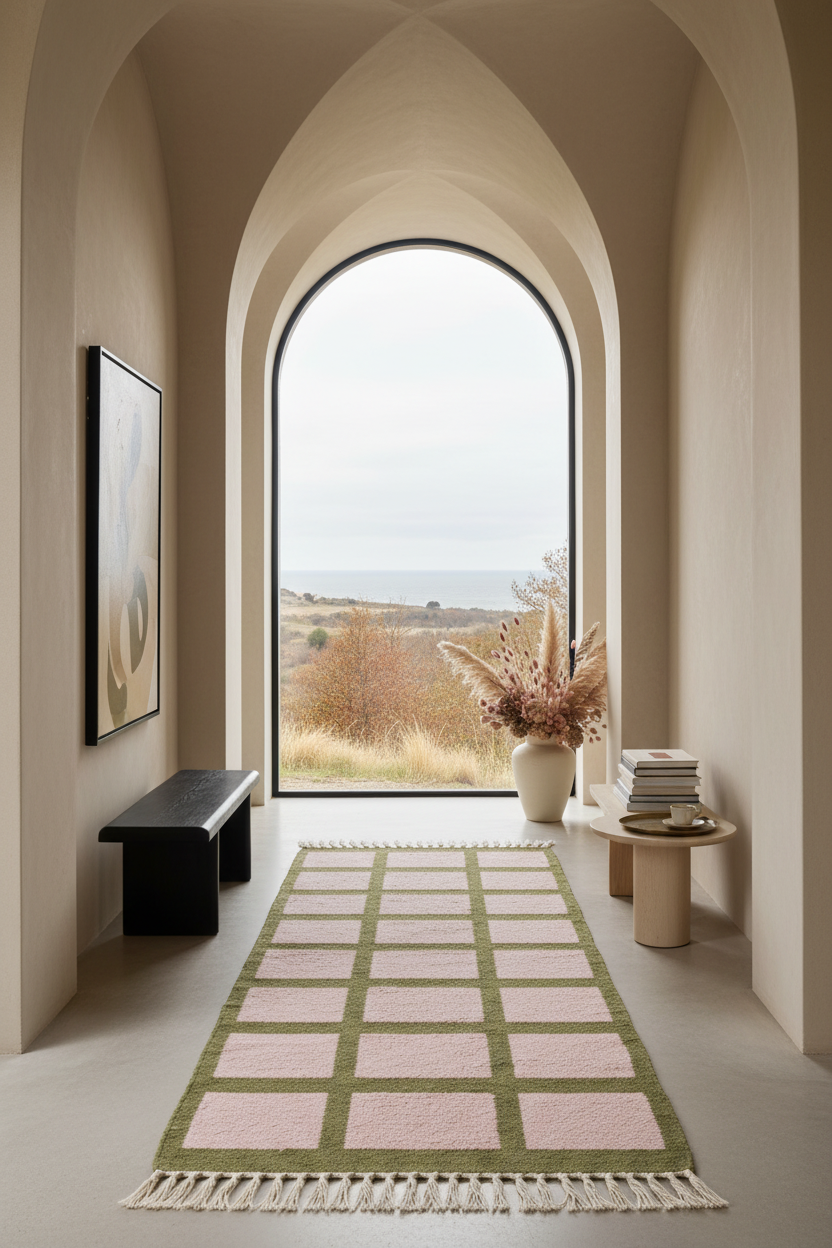 A rectangular area rug with a grid pattern of dusty pink squares and olive green borders, featuring cream fringe, styled in a modern, minimalist hallway with an arched window looking out to a grassy landscape.