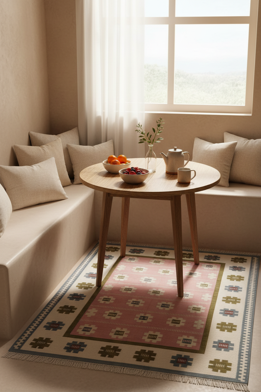 Pink Scandinavian Folk Cotton Flat Weave Rug with Cream Florals