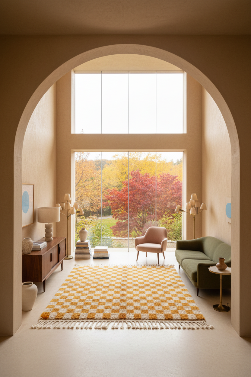 A large checkered yellow and beige area rug with fringe, styled in a modern, warm-toned living room with an arched entryway, a green sofa, and a large window overlooking a garden.
