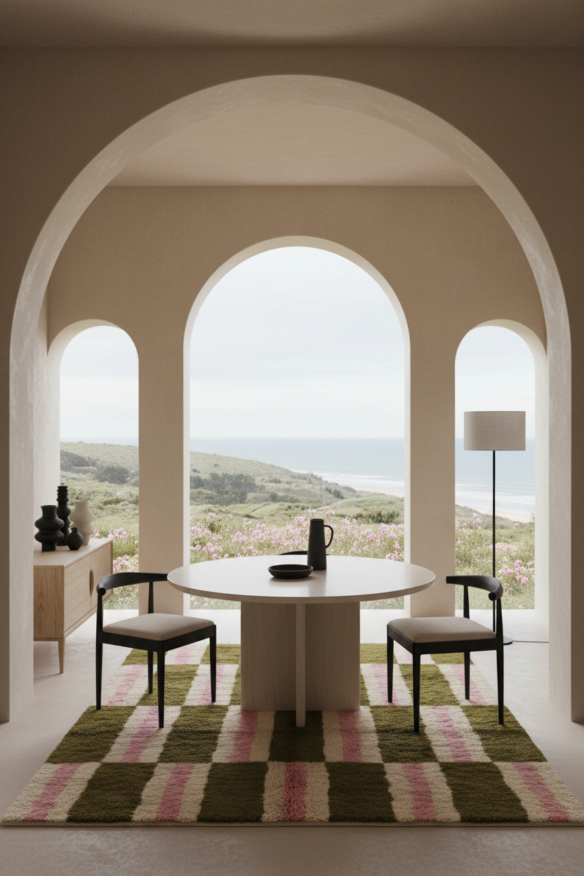 A modern dining setup featuring a round white table and two black-framed chairs with beige cushions, set on a green, pink, and white checkered rug. The scene is framed by a large white archway, looking out onto a coastal landscape with the sea and hills under a soft, hazy sky.