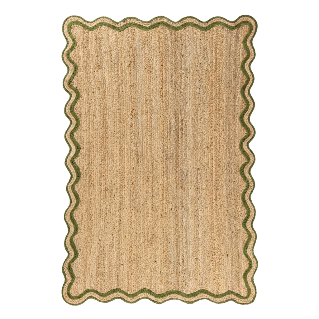 Natural Flatwoven Jute Rug with Olive Green Scalloped Border