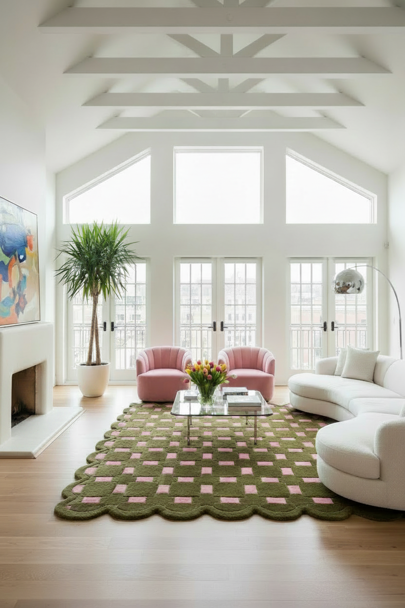 Olive and Pink Basketweave Hand-Tufted Rug with Scalloped Edge