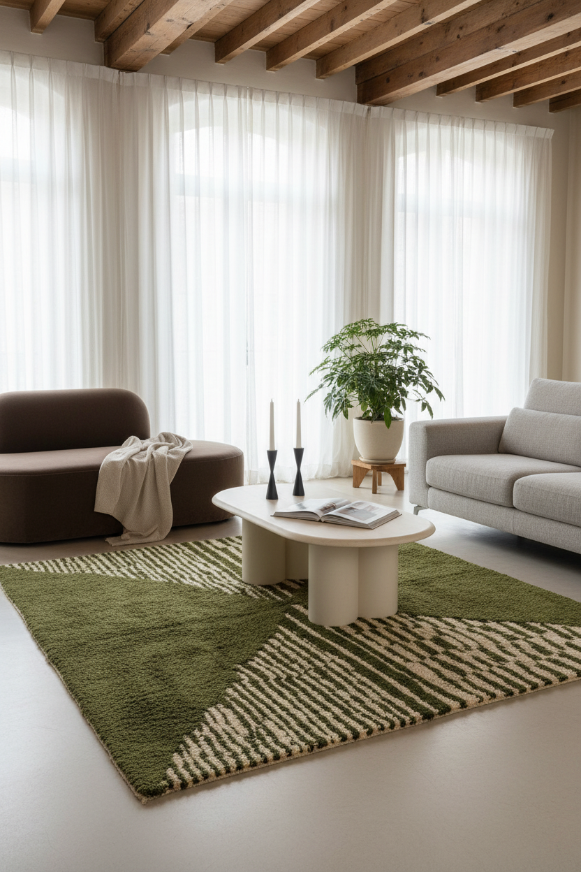 Olive and Cream Abstract Hourglass Moroccan Shag Rug
