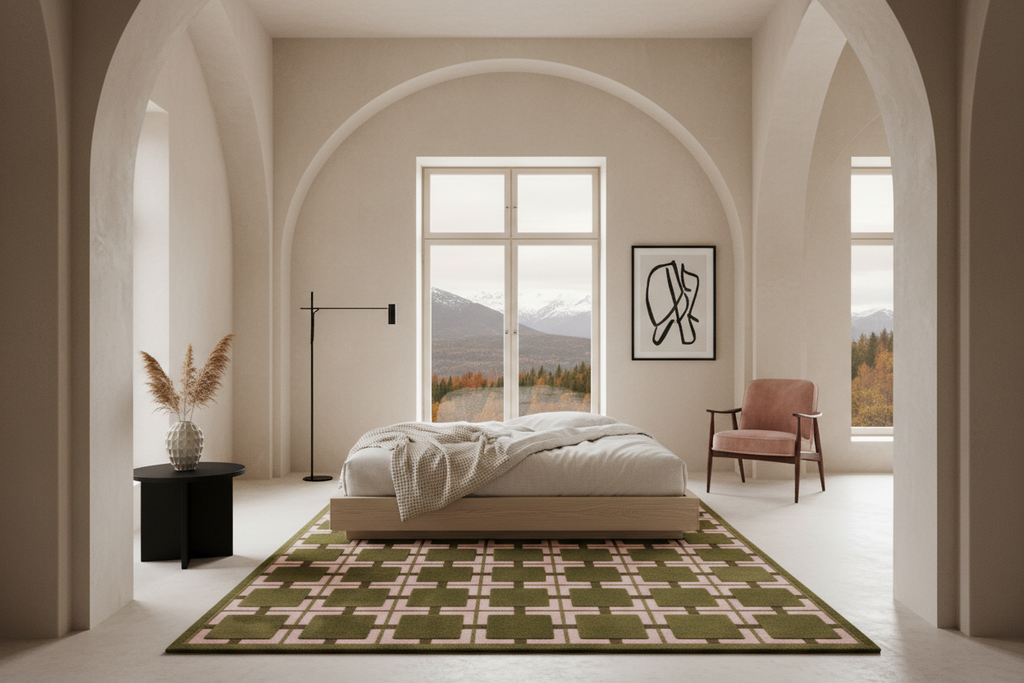 A styled bedroom interior with a platform bed, white bedding, a green and beige patterned area rug, a pink armchair, and arched walls framing a window view of mountains.