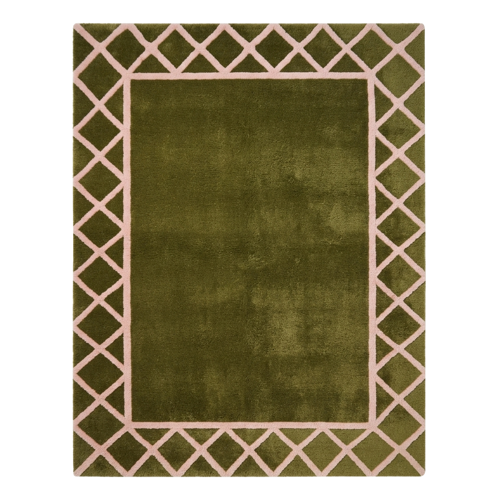 Olive Green Hand-Tufted Rug with Cream Trellis Border