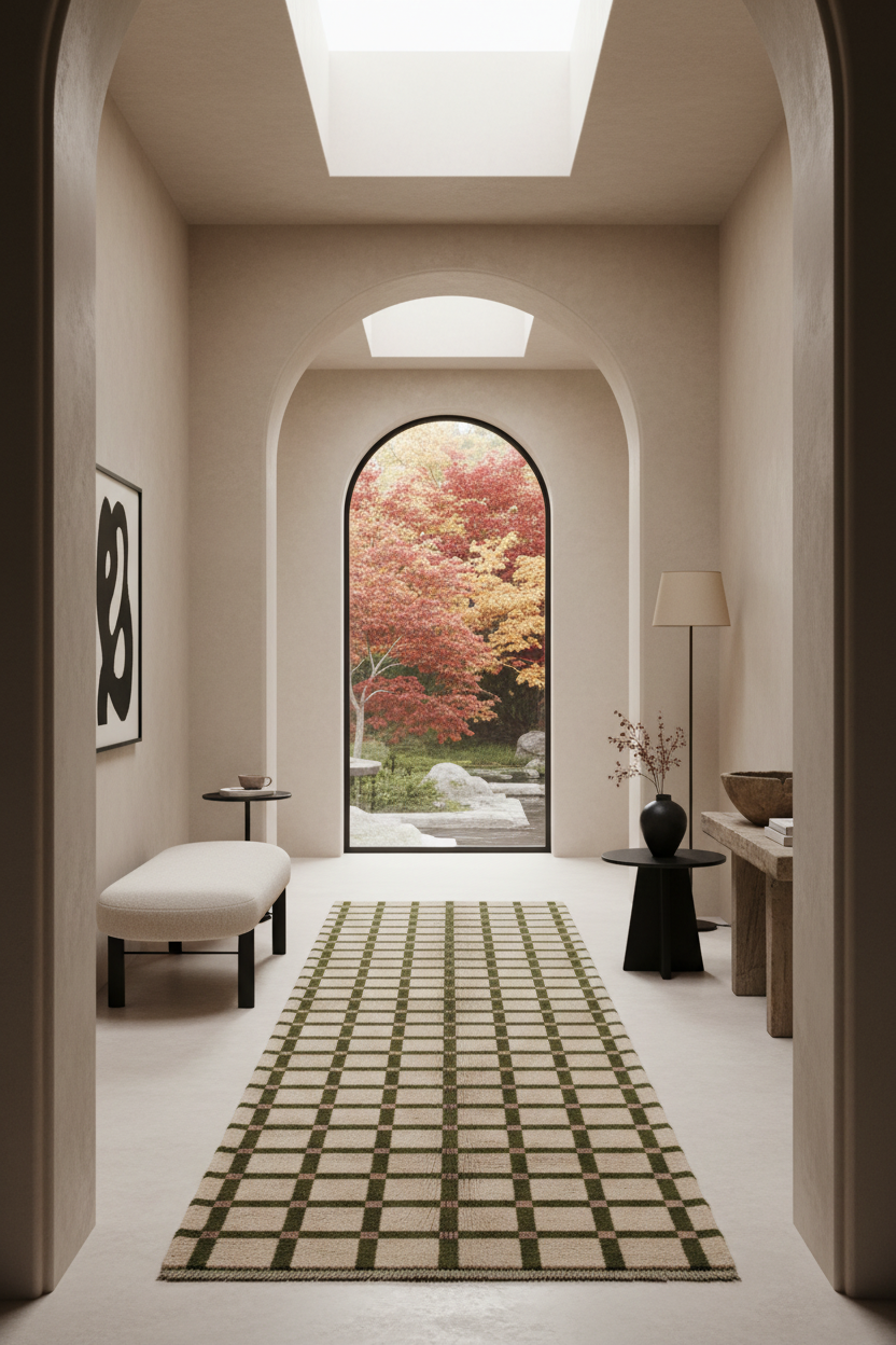 A long rectangular area rug with a dark green and beige grid pattern is displayed in a modern, minimalist entryway with arched doorways and a view of autumn foliage outside.