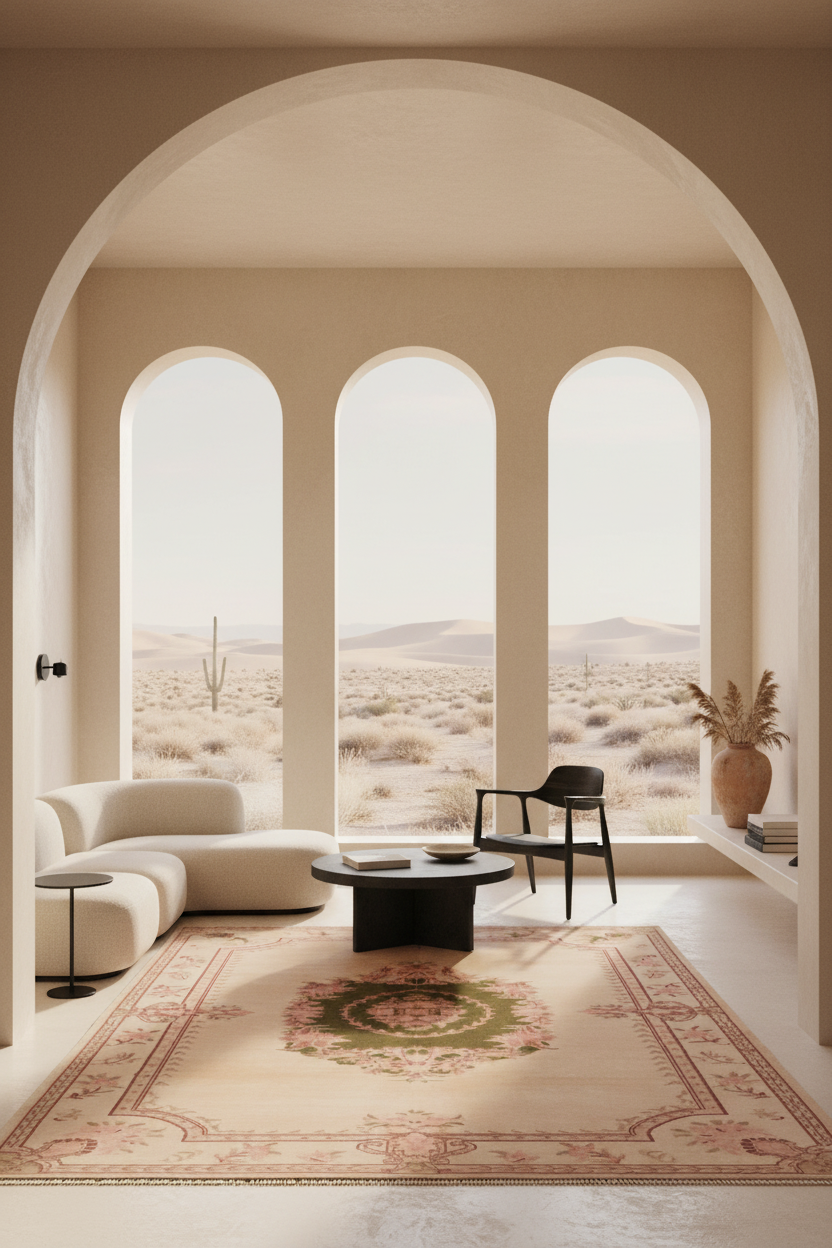 A modern living room with a large beige area rug featuring a central medallion and ornate border, styled with a cream sectional sofa, black accent chair, and a round black coffee table, set against a desert landscape view through three arched windows.