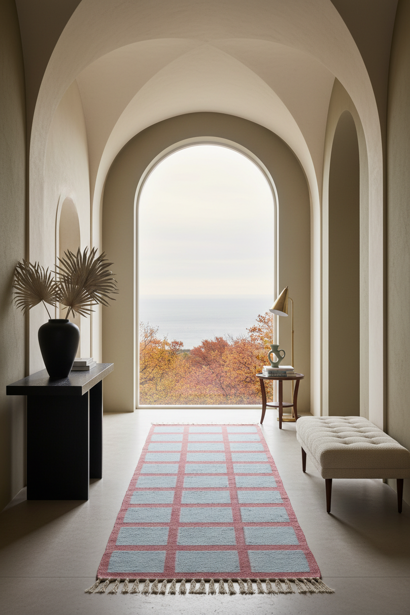 A long rectangular area rug with a pink and light blue grid pattern and fringe, styled in a modern, elegant hallway with arched windows looking out to a coastal view.