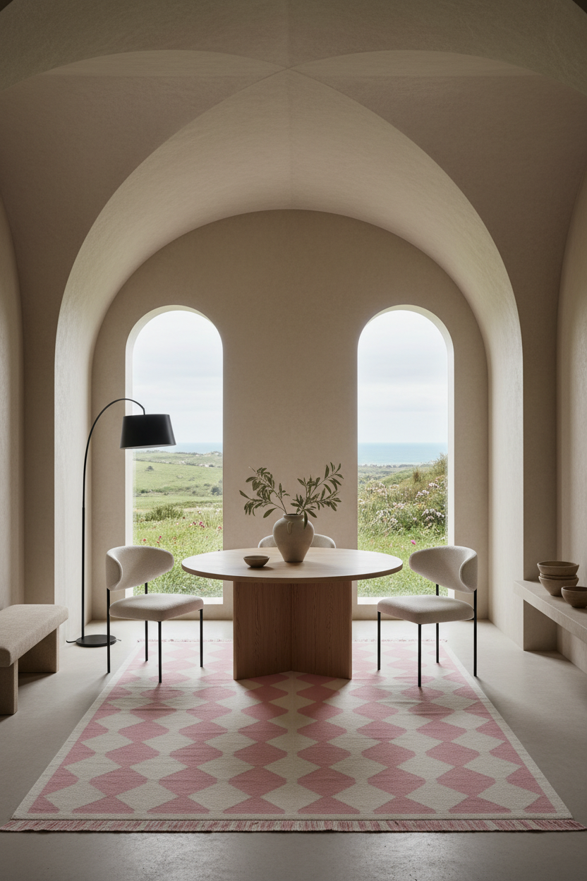 Pink and White Diamond Harlequin Cotton Flat Weave Rug