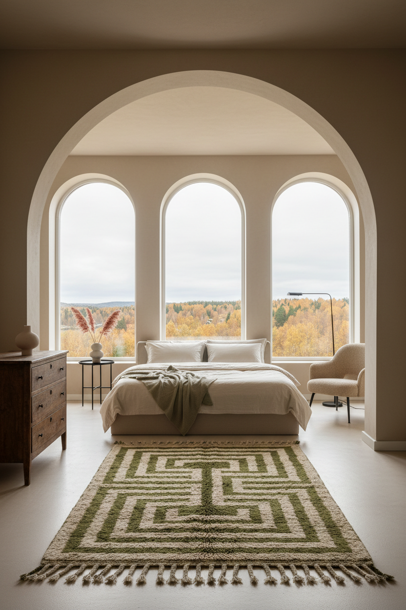 A styled bedroom interior with a large patterned rug in front of a bed, three tall arched windows, and an outdoor fall landscape view. The room has warm beige walls and flooring, with a wooden dresser, chair, and lamp.