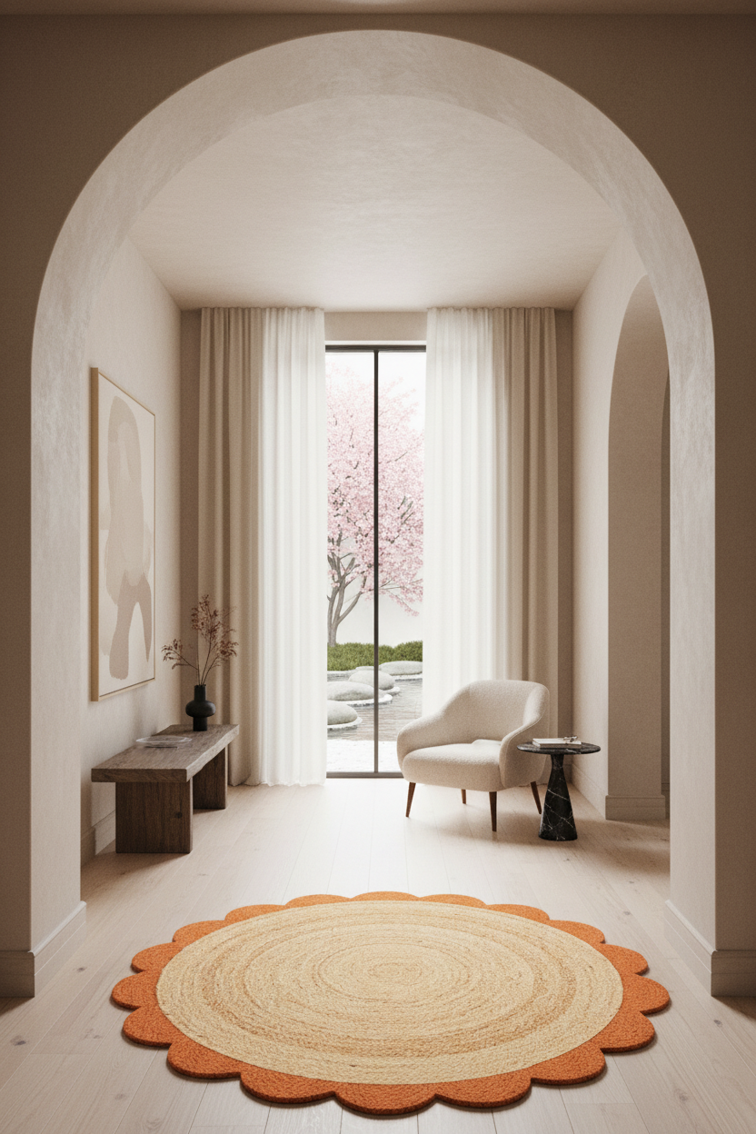 Natural Round Braided Jute Rug with Terracotta Scalloped Border