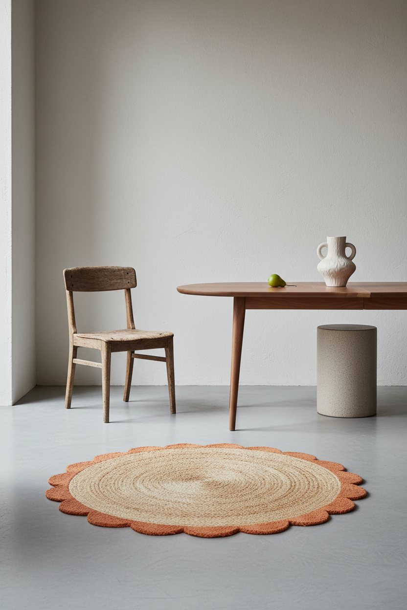 Natural Round Braided Jute Rug with Terracotta Scalloped Border