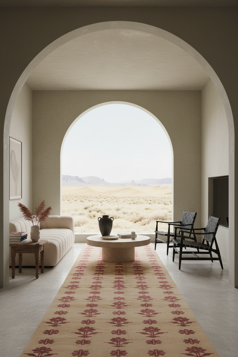 A modern living room with a large arched opening looking out onto a desert landscape. The room features a cream-colored sofa, a round coffee table, two black chairs, and a long beige runner rug with a red geometric pattern.