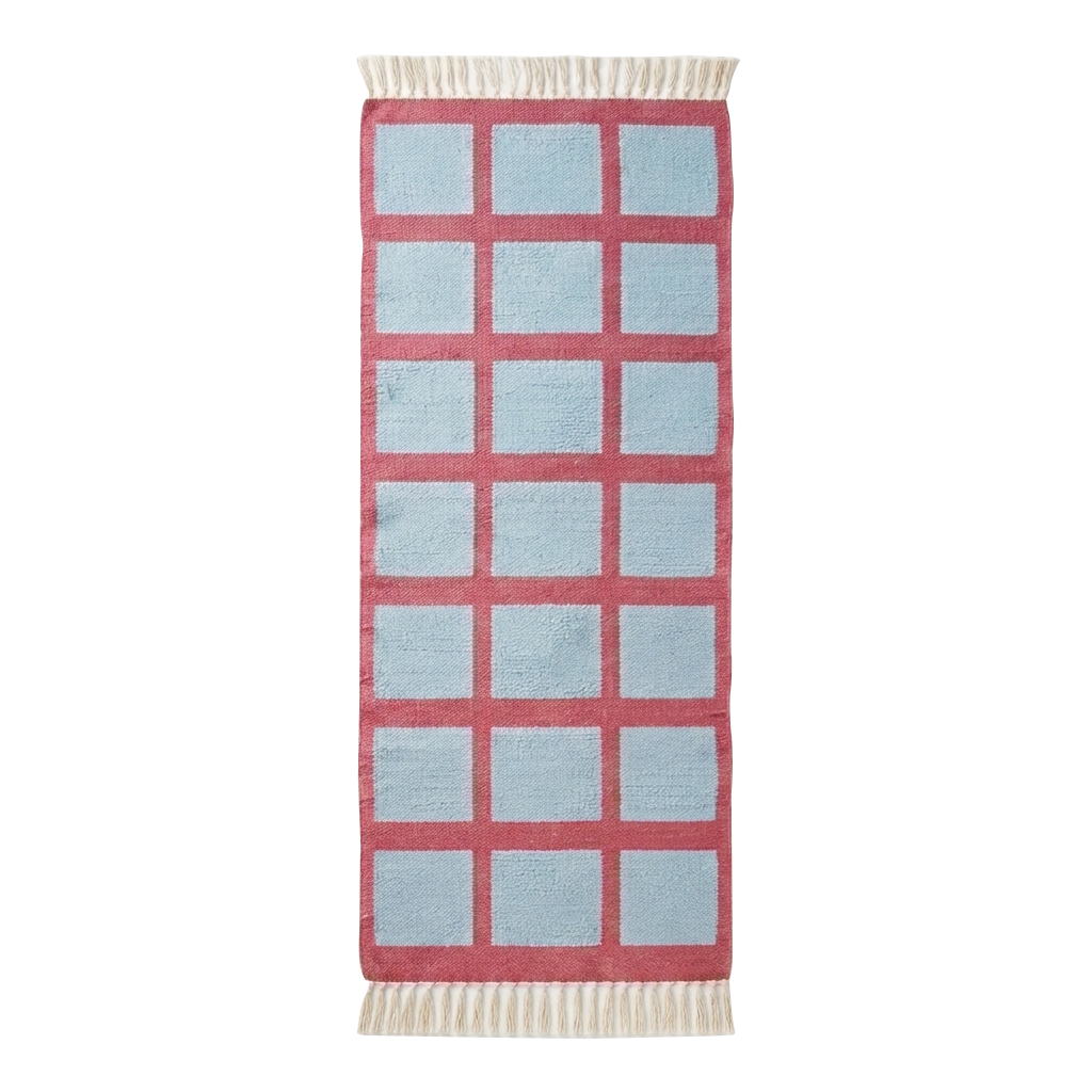 Light Blue and Rose Pink Grid Cotton Flat Weave Runner