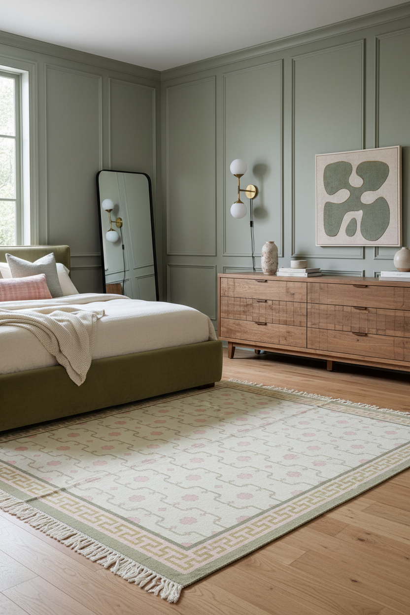 Ivory Cotton Flat Weave Rug with Sage Green Motifs and Greek Key Border