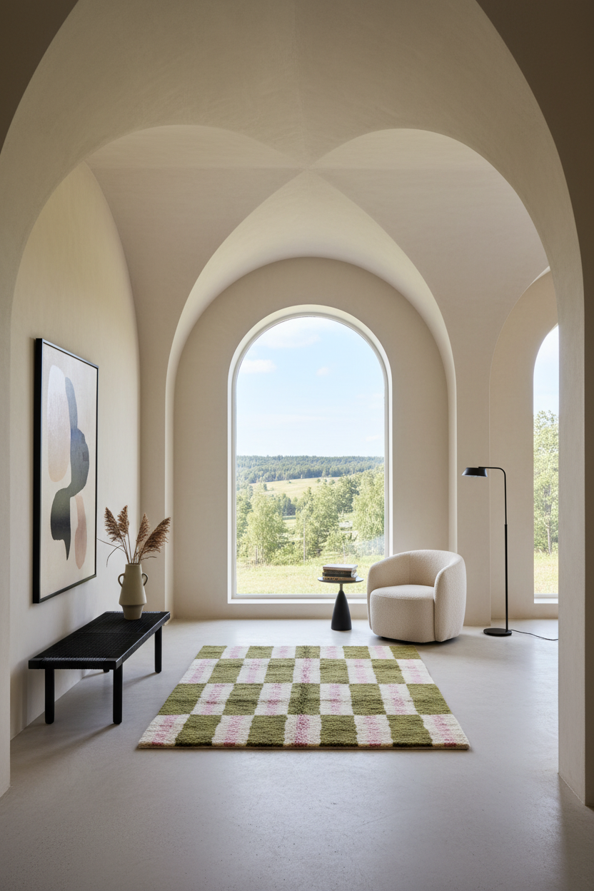 A modern interior room with arched windows and cream walls, featuring a green and pink checkered rug on the floor, a white armchair, a black side table, and a black floor lamp.