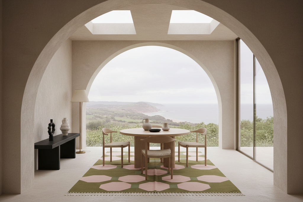A modern dining room interior with a round wooden dining table and four matching chairs placed on a green and pink geometric rug. The room is framed by a large arched opening looking out to a coastal landscape, with cream walls, a black sideboard, and tall windows.