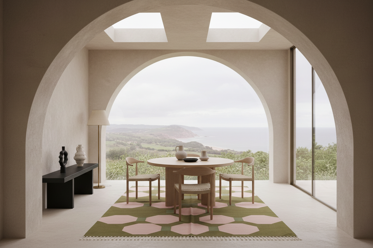 A modern dining room interior with a round wooden dining table and four matching chairs placed on a green and pink geometric rug. The room is framed by a large arched opening looking out to a coastal landscape, with cream walls, a black sideboard, and tall windows.