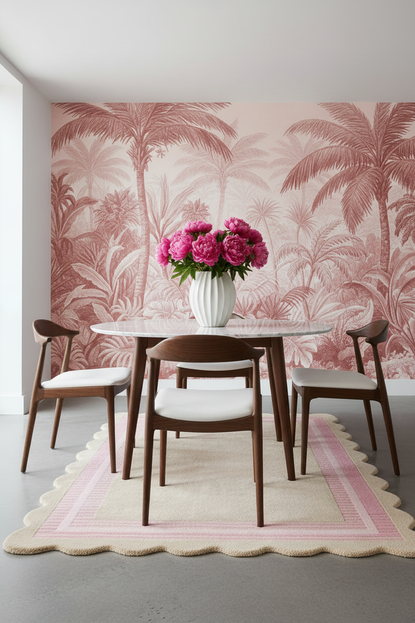 Taupe Hand-Tufted Rug with Pink Scalloped Border