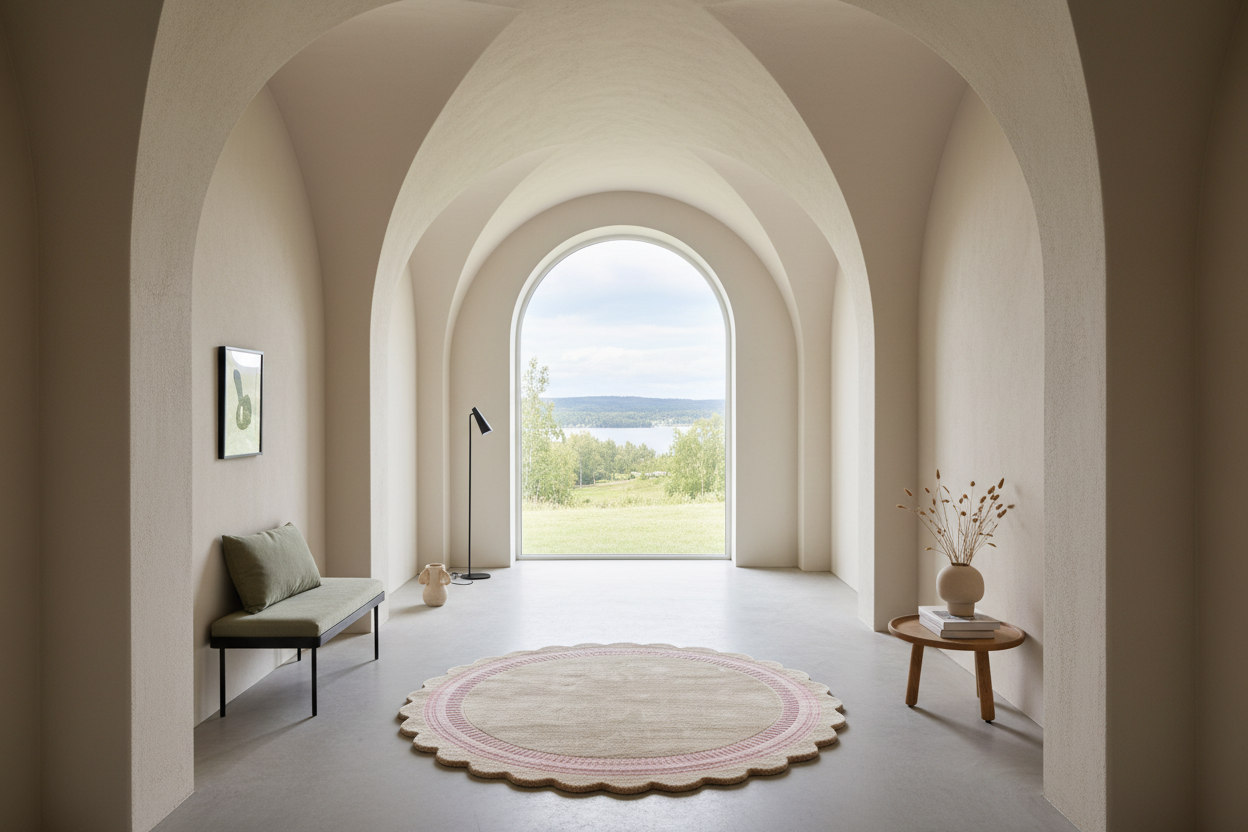 A minimalist interior space with a scalloped round rug in the foreground, leading through arched doorways to an outdoor view of a lake and green field. The room features a bench on the left, a side table with a vase on the right, and a black floor lamp near the center.
