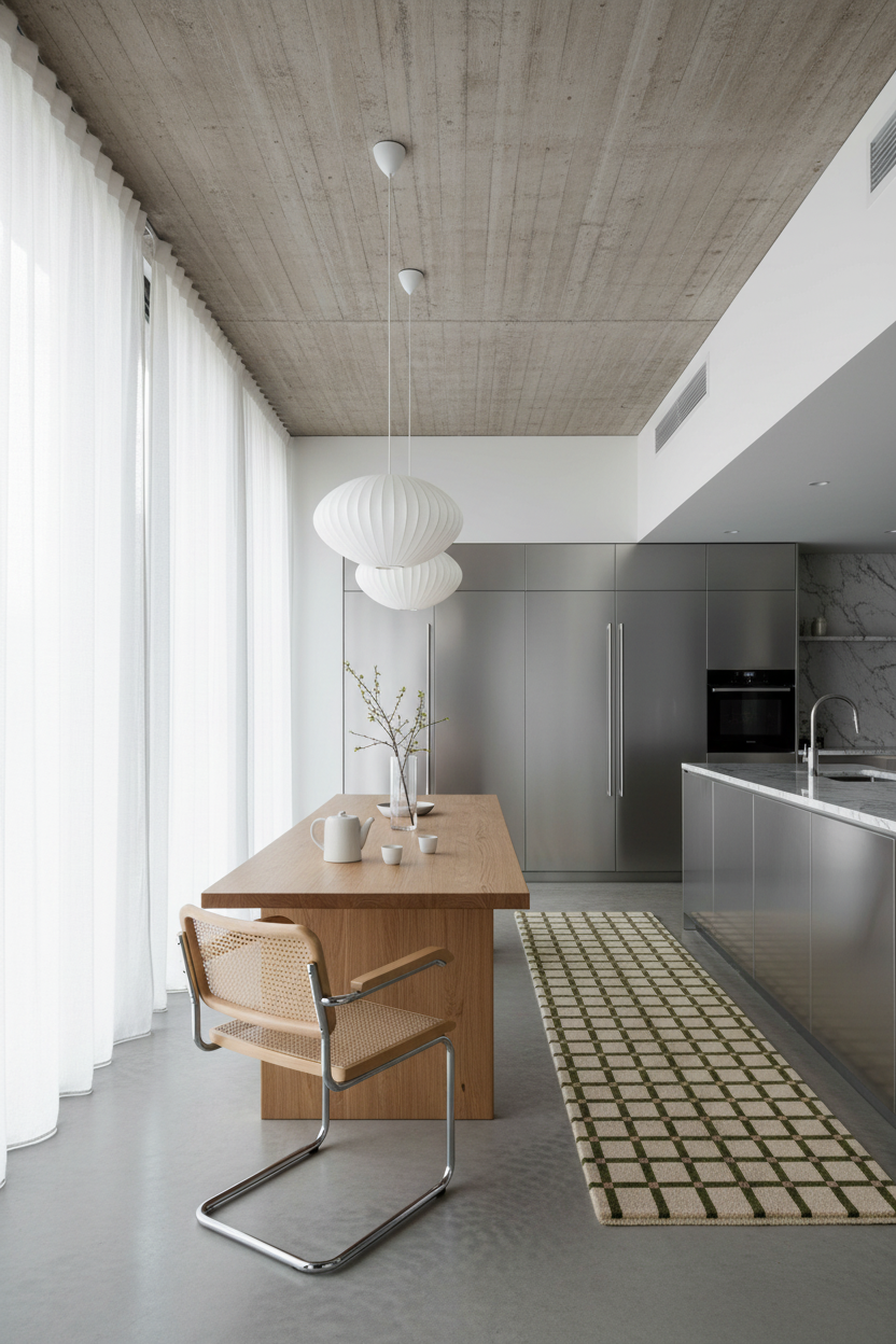 A modern dining area with a light wood table and woven-back chair, set in a minimalist kitchen with concrete ceiling and white pendant lights.