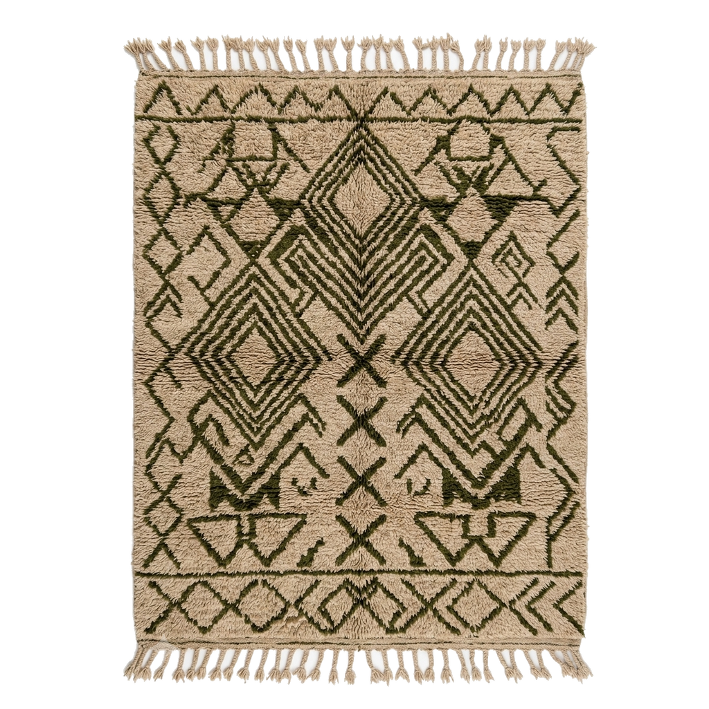 Beige Moroccan Shag Rug with Black Tribal Diamond Pattern